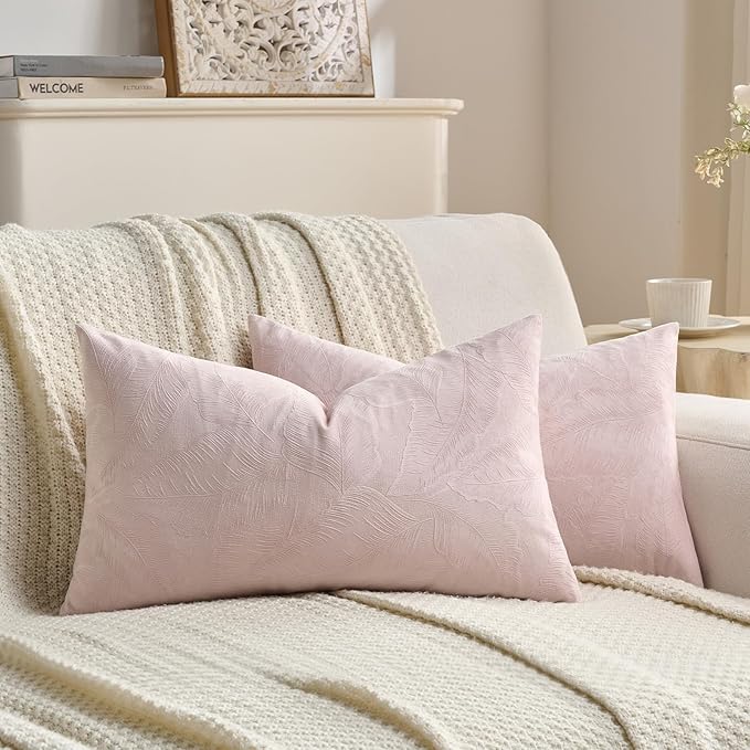 FUTEI Pink Velvet Throw Pillow Covers 12x20 Inch Set of 2,Soft Embossed Leaf-Relief Textured Lumbar Pillow Cases,Natural Home Decor for Couch Living Room