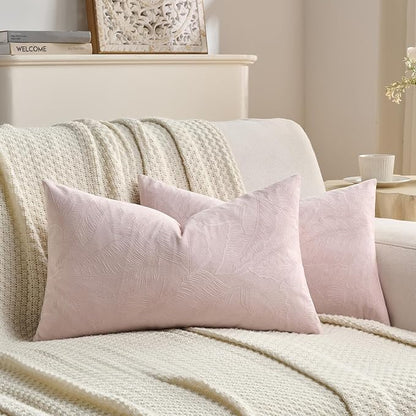 FUTEI Pink Velvet Throw Pillow Covers 12x20 Inch Set of 2,Soft Embossed Leaf-Relief Textured Lumbar Pillow Cases,Natural Home Decor for Couch Living Room