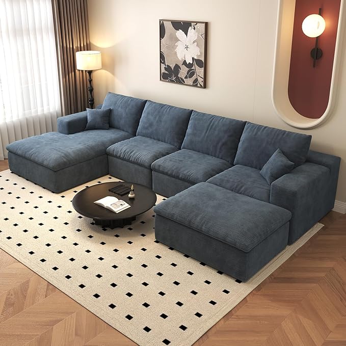 136.6'' U-Shaped Modern Modular Sectional Cloud Couch Whit Ottoman, 4-Seat Chenille Deep-Seat Sofa with Pillow for Living Room, Bedroom, Apartment, Ocean Blue
