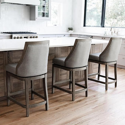 Maven Lane Vienna Counter Stools 26 Inches – Set of 2 – Swivel Stools with Footrests – Grey Solid Wood and Grey Fabric Upholstery – Ideal for Kitchen Islands and Counters