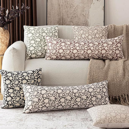 Foindtower Set of 2 Decorative Floral Long Body Lumbar Throw Pillow Covers Neutral Farmhouse Cushion Covers Boho Vintage Pillowcase for Couch Sofa Bedroom Living Room Home Decor,14×36 Inch,Tan