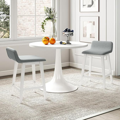 COSTWAY Wooden Counter Stools Set of 2, 24-inch Height Upholstered Padded Seat, Low Backrest, Footrest, Rubber Wood Legs, Armless Barstools for Kitchen Island, Dining Room, White+Gray