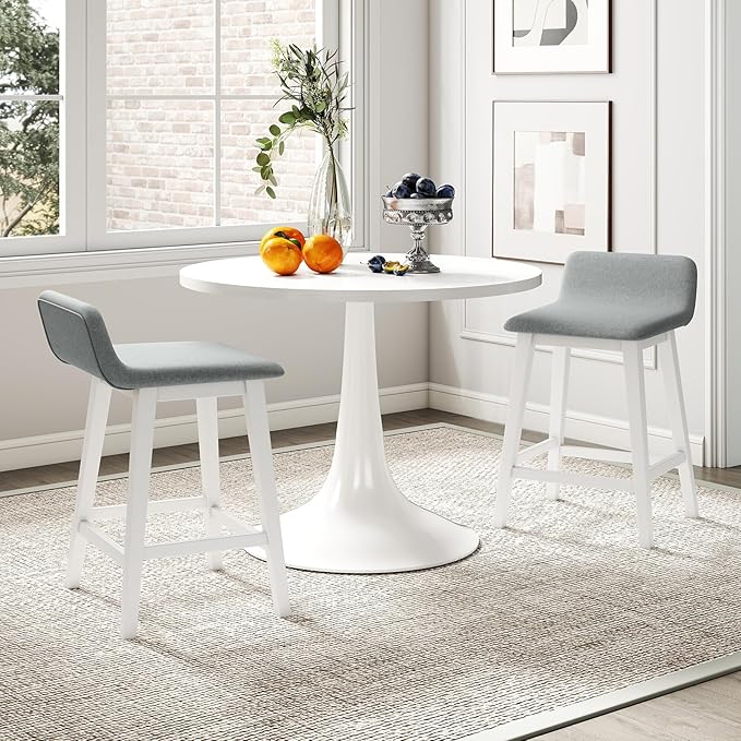 COSTWAY Wooden Counter Stools Set of 4, 24-inch Height Upholstered Padded Seat, Low Backrest, Footrest, Rubber Wood Legs, Armless Barstools for Kitchen Island, Dining Room, White+Gray