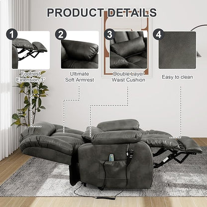 EDILLY Large Reclining Lift Chair, Dual Motor Massage Chair, Genuine Leather Recliner with Heating and Massage for Seniors, with Double Lumbar Cushion and Extended Footrest, USB Port(Silver Grey)
