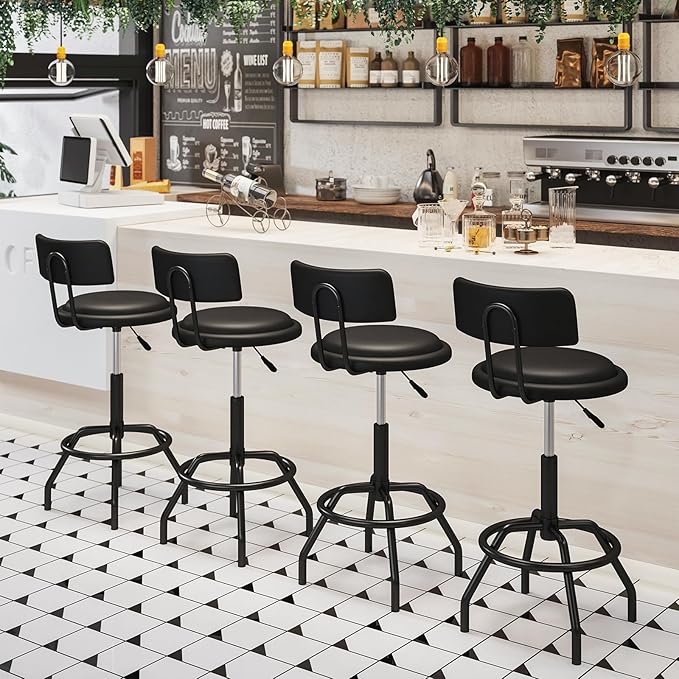 COSTWAY Adjustable Height Bar Stool, 360 Degree Swivel, Modern Guitar Stool for High Ergonomic Seating, with PU Leather Cushion, Heavy Duty Steel Frame for Bar, Shop and Music, Garage, Black