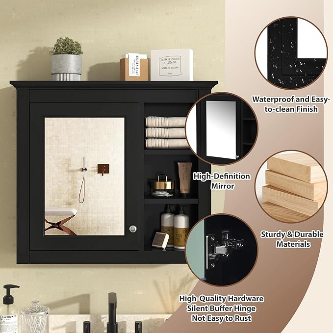 Bathroom Wall Cabinet with Mirror, 30'' x 28'' Medicine Cabinet with Mirror Door and Adjustable Shelves, Over Toilet Storage Cabinet, Wall-Mounted Bathroom Mirrors for Over Sink with Storage