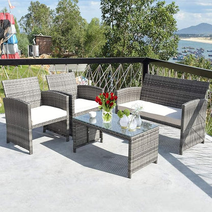 COSTWAY Patio Furniture Set 4 Pieces, Outdoor Wicker Chairs Sofa w/Coffee Table and Soft Cushions, Rattan Conversation Sets for Patio Lawn Backyard Yard Pool Garden, White