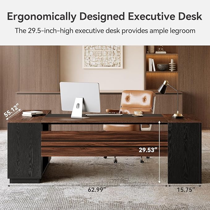 LITTLE TREE 78.7 Inches Modern Executive Desk with File Cabinet, Extra Large L Shaped Home Office Desk with Drawers, Professional Spacious Workstation for Home Office (Brown & Black)