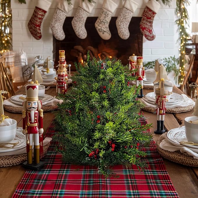 2PCS Christmas Artificial Pine Needles Branches Table Decor with Red Berry Pine Cones Greenery Stems Christmas Artificial Greenery Floral Arrangements for Garland Wreath