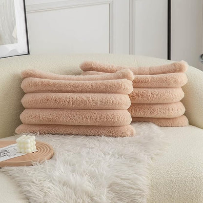 Neelvin Camel Faux Fur Cozy Soft Striped Decorative Throw Pillow Covers 12x20 inch Set of 2,Velvet Pillowcase Cushion Case for Sofa Couch