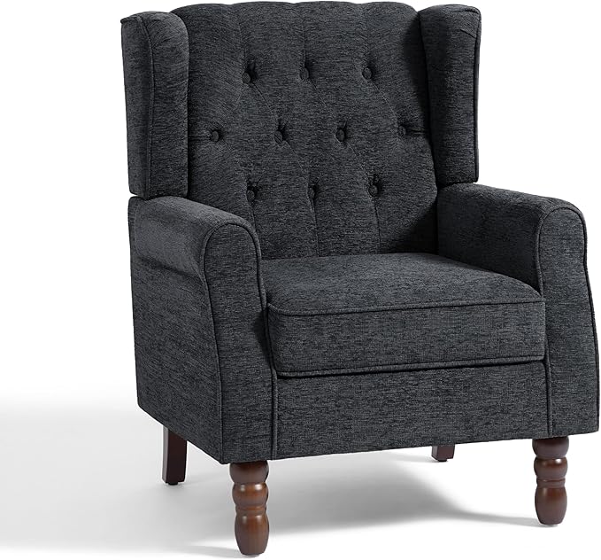UIXE High Back Accent Chair, Fabric Upholstered Armchair Wingback Club Chair for Living Room, Comfy Single Sofa Bedroom Retro Reading Seat with Solid Wood Legs - Brown