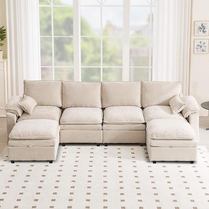 130" U Shaped Modular Sectional Sofa, Couch with Ottoman Storage, Chenille Cloud Couch with Plush Deep Seating for Living Room, Bedroom (8 Seat, Beige)