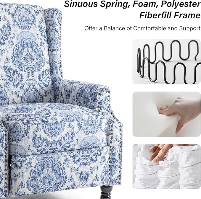 Recliner Chair, Upholstered Wingback Floral Pushback Armchair with Adjustable Backrest & Footrest, Comfy Accent Chair Reading Single Sofa for Small Spaces, Living Room, Bedroom-Navy Blue, Set of 2