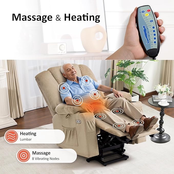 MCombo Large Power Lift Recliner Chair Sofa with Massage and Heat for Big and Tall Elderly People, 3 Positions, Cup Holders, and USB Ports, Fabric 7549 (Large, Beige)