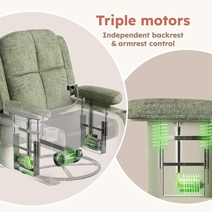 MAMAZING Triple Motor Power Swivel Rocker Recliner Chair with Adjustable Armrests for Adults, FSC Certified Faux Leather Rocking Chair Nursery for Breastfeeding, Green