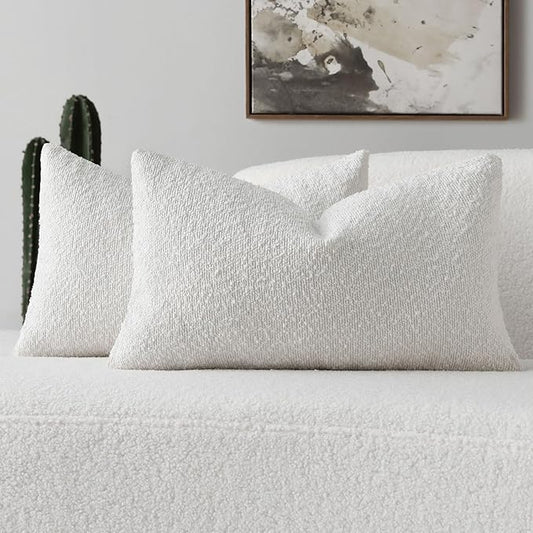 FUTEI Christmas Pack of 2 White Decorative Throw Pillow Covers 12x20 Inch Soft Cozy Solid Boucle Textured Lumbar Pillow Cases,Modern Home Decor for Couch Bed Living Room
