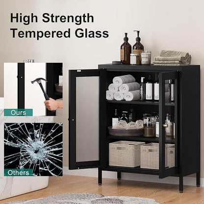 Small Display Cabinet with Glass Doors, 12" Shallow Metal Storage Cabinets Short Bookcase Cabinet with Two Door Two Shelves Metal Glass cabinets for Home Office Living Room