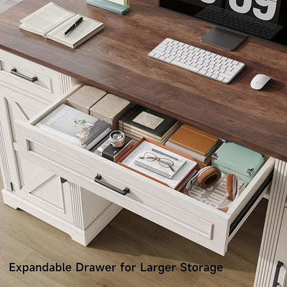 ONBRILL 59 inch Farmhouse Executive Desk with Drawers, Home Office Desk with File Cabinet, Outlets, Storage Cabinet, Keyboard Tray, Wood Computer Desk for Work Study Writing (Off White & Walnut)