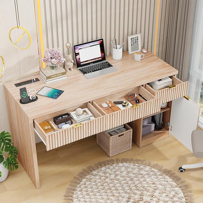 60" Executive Desk with Fluted Drawers, Wood Home Office Desk with Storage Cabinet, Charging Station, Fluted Computer Writing Desk for Study, Living Room, Natural Oak.