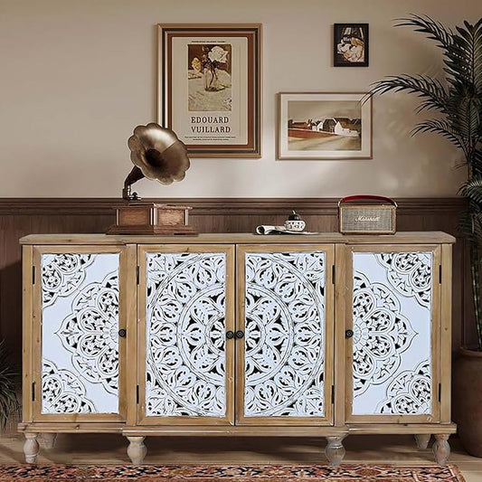 Accent Cabinet with 4 Doors, Hollow Carved Storage Sideboard, Wood Buffet Cabinet for Living Room, Dining Room, Entryway (4-Door 3 Compartment)