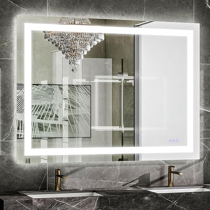 VooBang LED Wall Mounted Mirror with Lights, 40x30 inches Bathroom Mirror, Button to Adjust Lights, Three Lighting Modes, Tempered Glass with Anti-Fog Function, Suitable for Vanity and Bedroom, White