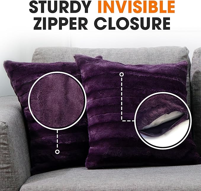 Cheer Collection Faux Fur Throw Pillows - Decorative Pillows for Couch, Bed Throw Pillows, Purple Accent Pillows for Bedroom or Living Room Aesthetic, Set of 2 Furry Throw Pillows, 24" x 24"