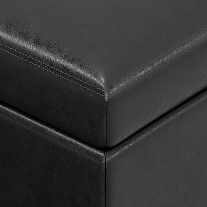 SIMPLIHOME Oregon 42 inch Wide Transitional Rectangle Storage Ottoman Bench with Tray in Distressed Black Vegan Faux Leather, Assembled, For the Living Room, Entryway and Family Room