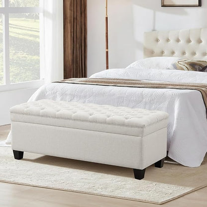 50" Storage Ottoman Bench, Rectangular End of Bed Storage Bench, Upholstered Large Fabric Tufted Ottoman with Storage for Living Room, Bedroom, Entryway,Wihte