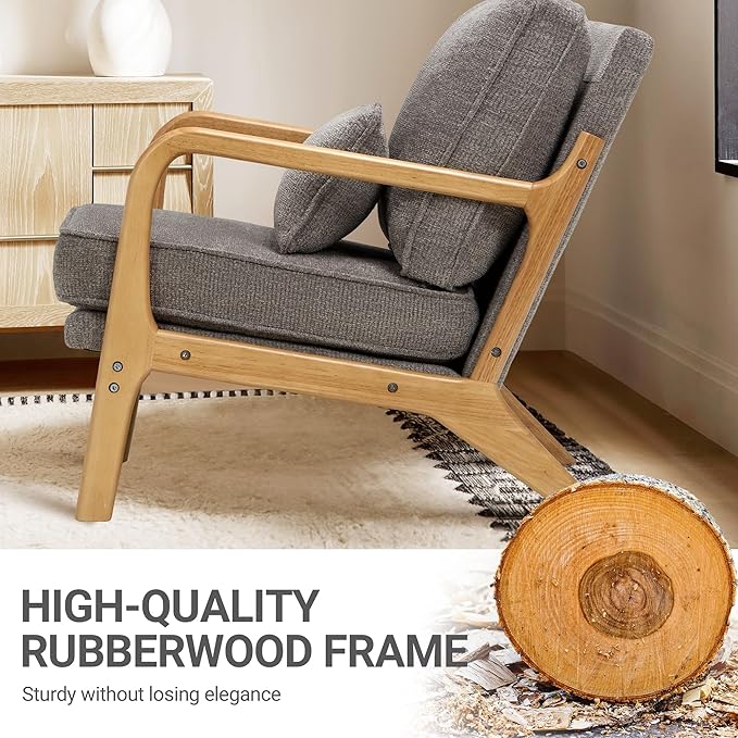 Modern Accent Chair Set of 2 with Lumbar Pillow, Relaxing Mid Century Chair Armchair with Solid Wood Frame & Soft Cushion, Reading Leisure Armchair for Living Room, Grey