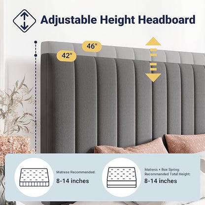 Allewie King Size Storage Bed Frame, Vertical Channel Tufted Adjustable Headboard, Velvet Upholstered Platform Bed with 4 Oversized Underbed Drawers, Wooden Slats Support, No Box Spring Needed, Grey