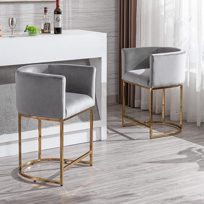 Contemporary Grey Velvet Bar Stool, 24" Upholstered Fabric Counter Height Barstool Kitchen Counter Island Stool with Screwed Together Golden Metal Base