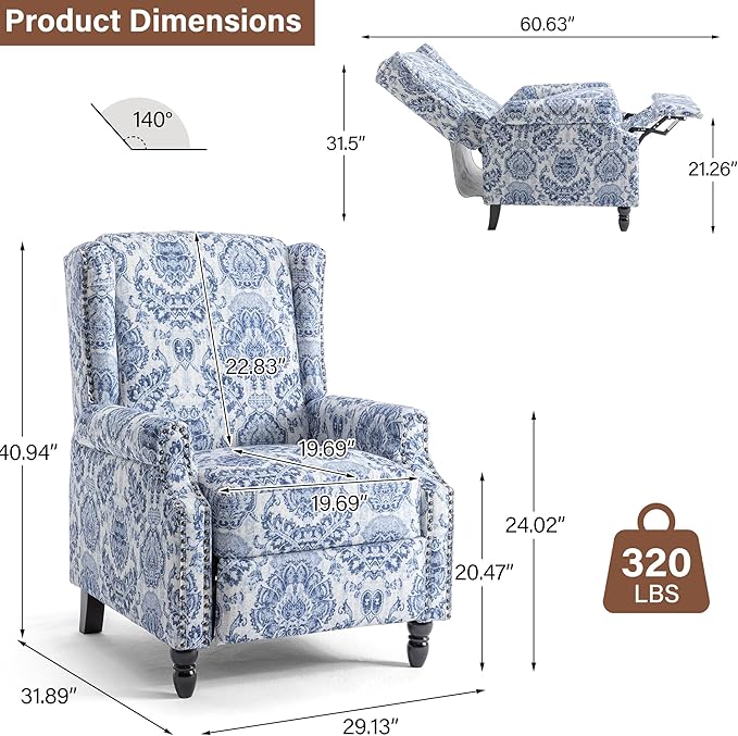 Pushback Recliner Chair, Floral Fabric Wingback Recliner Chair, Upholstered Armchair Push Back Recliner, Rivet Trim Single Sofa Accent Chair with Wood Legs for Living Room, Navy