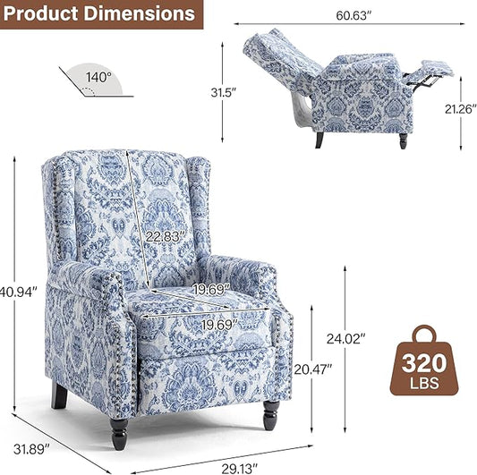 Pushback Recliner Chair, Floral Fabric Wingback Recliner Chair, Upholstered Armchair Push Back Recliner, Rivet Trim Single Sofa Accent Chair with Wood Legs for Living Room, Navy