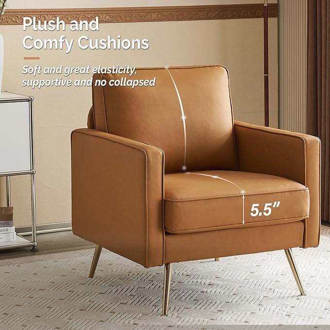 VINGLI Living Room Chairs Set of 2, Brown PU Leather Accent Chair Mid Century Modern Upholstered Sofa Chairs with Arms, Gold Legs for Living Room, Bedroom, Apartment
