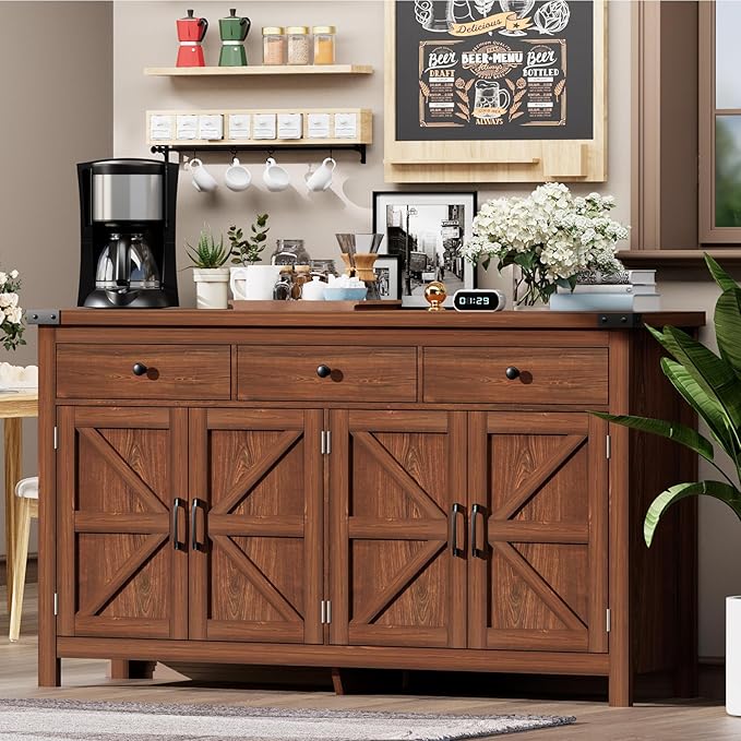 63" Sideboard Buffet Cabinet with Storage, Coffee Bar with 3 Drawers and 4 Barn Doors, Long Wider Storage Cabinet Modern Farmhouse, Cherry Wood, for Kitchen, Dining Room, Living Room