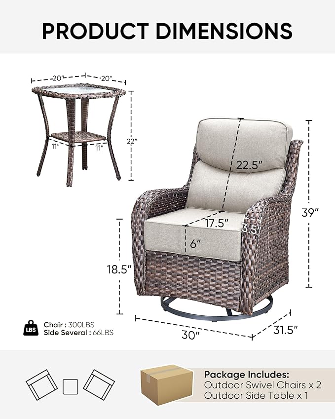 HUMMUH Outdoor Patio Wicker Swivel Rocker Chairs with 6-Inch Thick Cushion High Back 3 PCS Wicker Conversation Set for Porch Balcony Deck