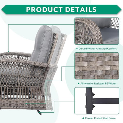 VIVIJASON 3-Piece Outdoor Patio Furniture Set, Outdoor Wicker Glider Rocking Chairs Rattan Conversation Bistro Sets w/ 2 Rattan Cushioned Chairs and Glass Top Side Table for Porch Backyard, Grey
