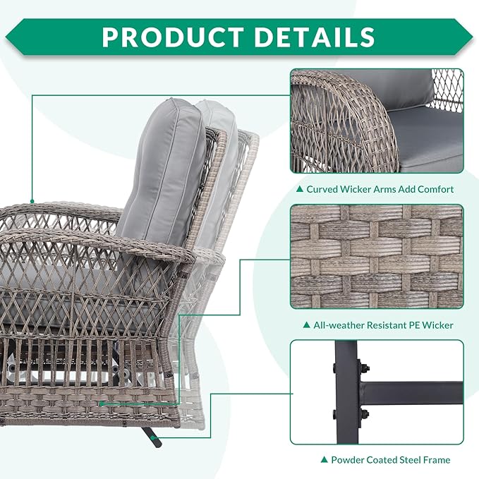 VIVIJASON 5-Piece Outdoor Patio Wicker Conversation Sets, All Weather Outdoor Rattan Furniture Set Includes Glider Loveseat, 2 Coffee Table, 2 Glider Rocker Chairs with Cushions, Grey