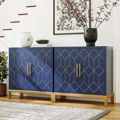 HLR Accent Cabinet with Gold Trim Set of 2,Storage Cabinet with 2 Doors,Modern Wooden Sideboard for Living Room, Kitchen, Office and Hallway(Blue)