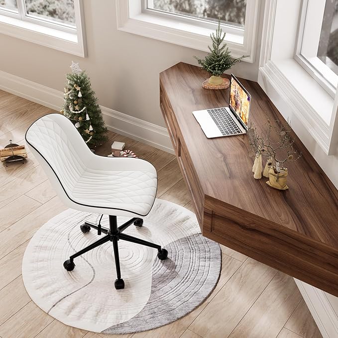 YOUNIKE White Ergonomic Home Office Desk Chair No Arms Comfy Small Criss Cross Chair with Wheels Swivel Adjustable Modern Vanity Chair with Back Armless Cute Leather Upholstered Rolling Task Chair