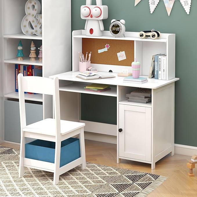 TaoHFE Kids Desk and Chair Set, Kids Desk Chair with Storage and Shelf, Wooden Kids Table and Chairs for Bedroom and Study, Craft Table with Storage Gifts for Boys, Girls to Study, White