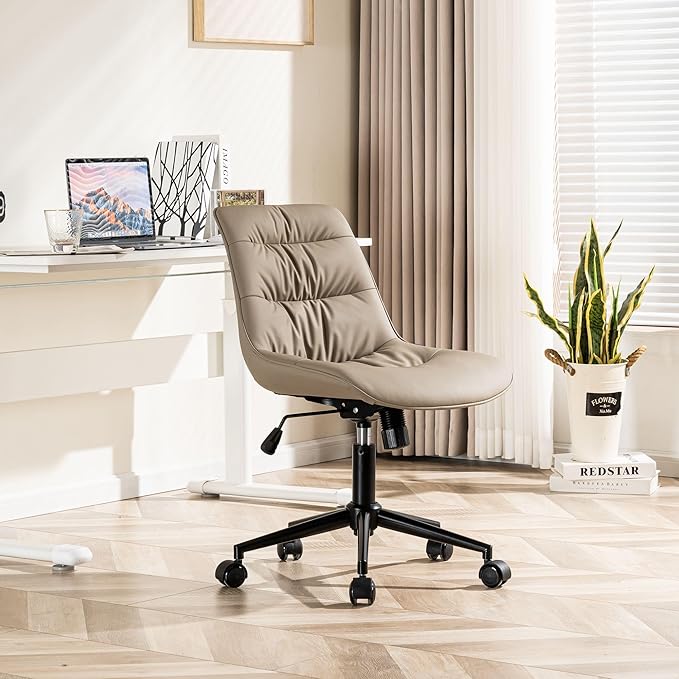 Rowill Leather Office Chair, Ergonomic Armless Desk Chair with Waterproof Cushion & Slient Wheels & SGS-Certified Class 3 Explosion-Proof Gas Lift, Ideal for Home Office, Study and Vanity(Khaki)