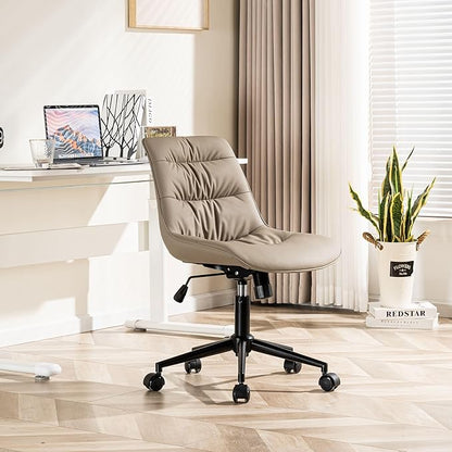 Rowill Leather Office Chair, Ergonomic Armless Desk Chair with Waterproof Cushion & Slient Wheels & SGS-Certified Class 3 Explosion-Proof Gas Lift, Ideal for Home Office, Study and Vanity(Khaki)