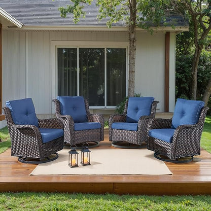 HUMMUH Outdoor Swivel Rocker Wicker Patio Chairs High Back PE Rattan Glider Chairs 4PCS Patio Furniture Set(Brown,Blue)