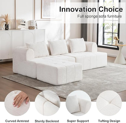 95" Modern Cloud Sectional Sofa Couch, Modular L-Shaped Sofas with Deep Seat and Chaise Ottoman, Chenille Boneless Tufted Couches for Living Room, No Assembly Required, Ivory