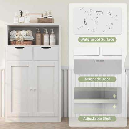 Shintenchi Floor Storage Cabinet, Bathroom Organizer with Doors and Drawers, Freestanding Side Cupboard Pantry with Adjustable Shelf, White