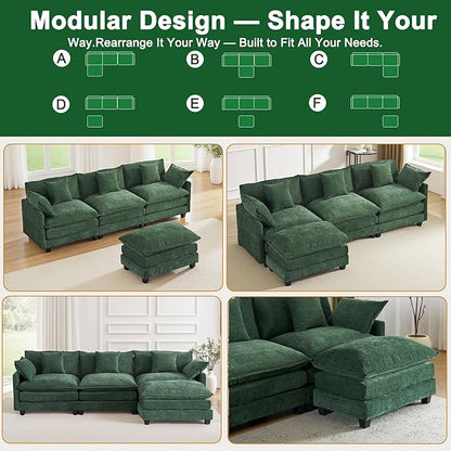 111.4" L-Shaped Cloud Chenille Sectional with Reversible Chaise, Flexible 3+1 Layout for Large Spaces, Deep Seat and Free Pillows Included