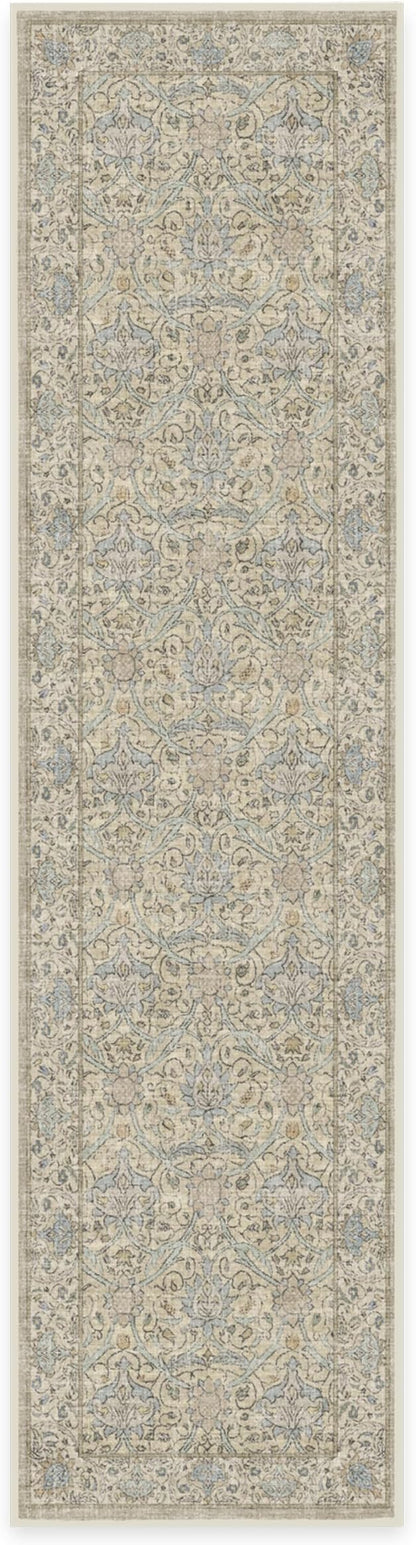 RUGGABLE x Morris & Co Machine Washable Runner Rug – Montreal Natural Blue 2.5x10, Stain-Resistant, Non-Slip – Washable Rug for Hallway, Entryway, Living Room & Kitchen–with Cushioned Pad