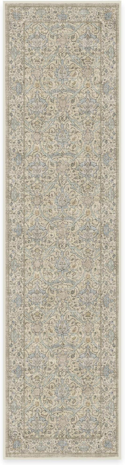 RUGGABLE x Morris & Co Machine Washable Runner Rug – Montreal Natural Blue 2.5x10, Stain-Resistant, Non-Slip – Washable Rug for Hallway, Entryway, Living Room & Kitchen–with Cushioned Pad