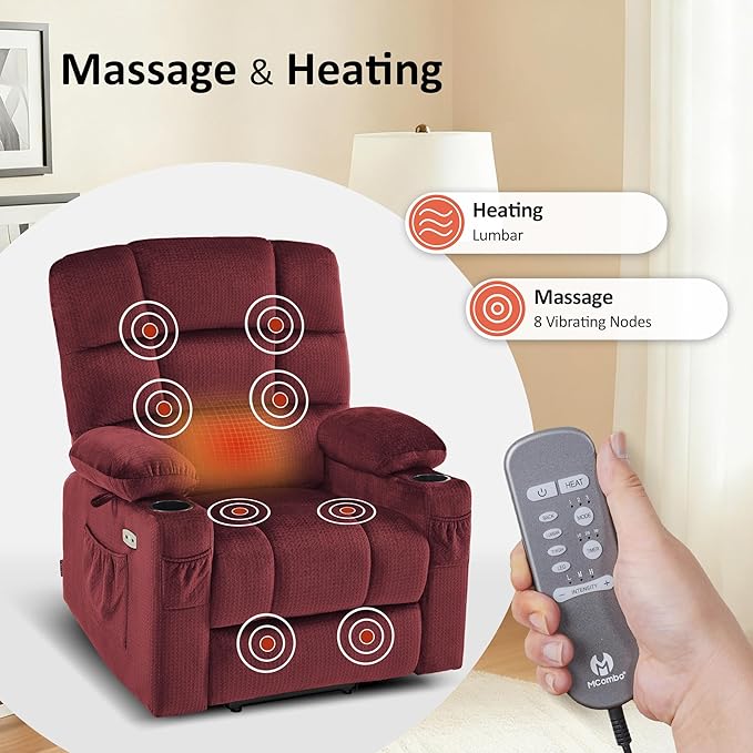 MCombo Dual Motor Power Lift Recliner Chair with Massage and Heat for Elderly People, Infinite Position, USB Ports, Cup Holders, Fabric 7679 (Medium, Burgundy)
